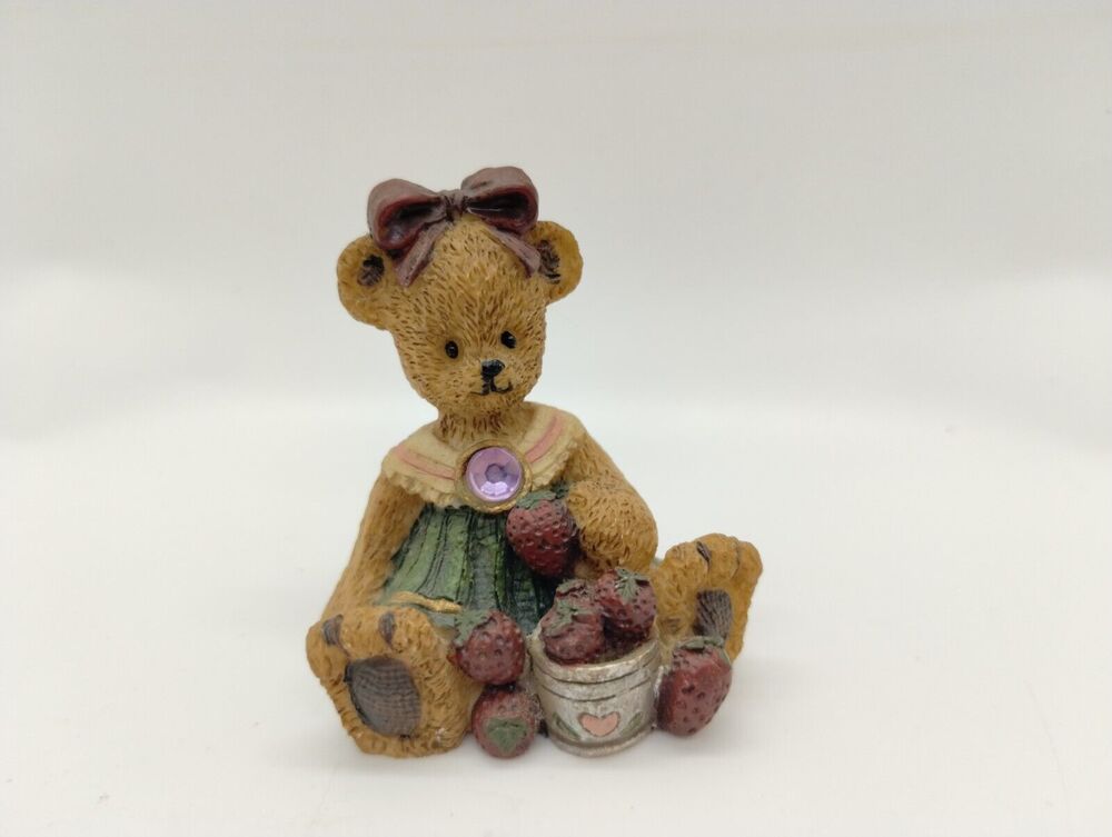 Teddy Bear Figurine by Young's - June Birthstone Amethyst Strawberry - 2 Inches